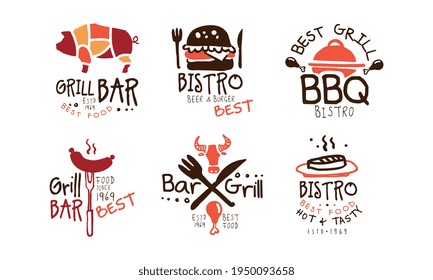 Grill Bar Best Food Logo Design Set, Best Grill BBQ Bistro Emblems Hand Drawn Vector Illustration