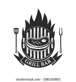 Grill bar. Cutted meat and crossed meat cleavers. Design element for logo, label, emblem. Vector illustration