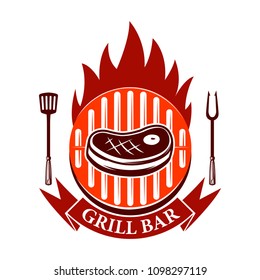 Grill bar. Emblem template with roasted meat and forks. Design element for logo, label, sign. Vector image