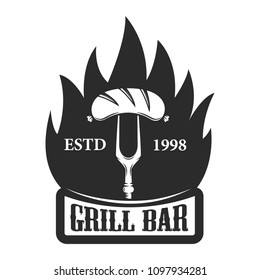 Grill bar. Fork with sausage. Design element for logo, label, emblem. Vector illustration