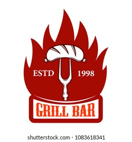 Grill bar. Fork with sausage and fire. Design element for logo, label, emblem, sign. Vector image