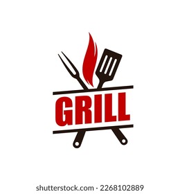 Icono de barra de parrilla. Herramientas de barbacoa y parrillada o símbolo vectorial de la tienda, emblema mínimo o signo con tenedor, espátula y llamas de fuego rojas. Icono de restaurante barbacoa o café parrillada