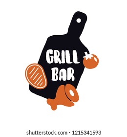 Grill bar. Illustration of cutting board, steak, pork and tomato. Logo concept