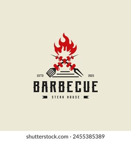 Grill and bar logo design with fire,fork and spatula for barbecue restaurant 2