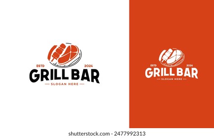 Grill bar logo design. Grill smoke symbol with meat and sausage concept. Barbeque vector icon