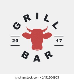 Grill Bar logo, label, badge, sign, emblem for barbecue, grill restaurant, steak house, meat store. Modern brush calligraphy. Vintage retro style. Vector illustration.