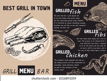 Grill bar menu. Bbq Grill Bar sketch Hand Drawn background. Grilled fish, grilled chicken, grilled ribs.