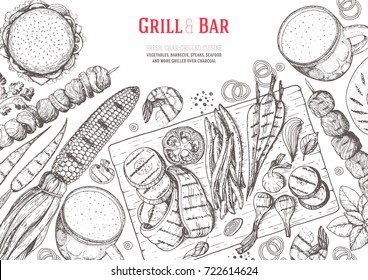 Grill and bar menu design template. Grilled meat and vegetables top view frame. Vector illustration. Engraved design. Hand drawn illustration. Pub food poster.  Food on the grill