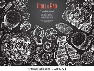 Entwurfsvorlage für Grill- und Barmenüs. Gestell für Fleisch und Gemüse vom Grill. Vektorgrafik. Graviertes Design. Handgezeichnete Abbildung. Plakat für Kneipenessen.  Essen auf dem Grill