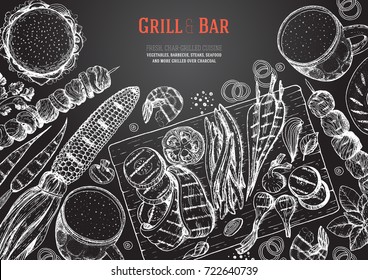Grill and bar menu design template. Grilled meat and vegetables top view frame. Vector illustration. Engraved design. Hand drawn illustration. Pub food poster.  Food on the grill
