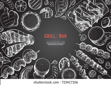 Grill and bar menu design template. Grilled meat and vegetables top view frame. Vector illustration. Engraved design. Hand drawn illustration. Pub food poster.