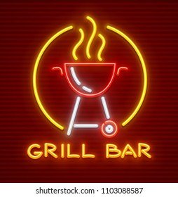 Grill bar neon icon. Equipment for bbq picnic. Barbecue for frying meat on fire. EPS10 vector illustration.