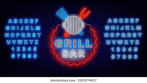 Grill bar neon label with grilled pan and equipment. Barbecue steak house. Picnic invitation. Glowing blue alphabet Catering design on brick wall. Editable stroke. Vector stock illustration