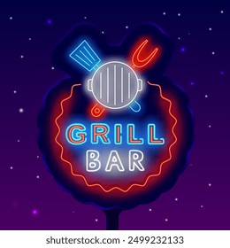 Grill bar neon street billboard. Grill pan and kitchen equipment. Outdoor night advertising. Barbecue party invitation. Glowing poster. Editable stroke. Vector stock illustration