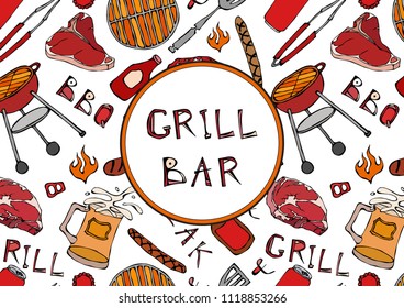 Grill Bar. Seamless Pattern of Summer BBQ Grill Party. Beer, Steak, Sausage, Barbeque Grid, Tongs, Fork, Fire, Ketchup. Hand Drawn Vector Illustration. Doodle Style.