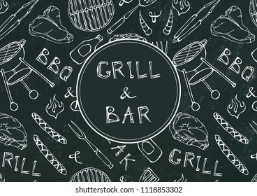 Grill Bar. Seamless Pattern of Summer BBQ Grill Party. Beer, Steak, Sausage, Barbeque Grid, Tongs, Fork, Fire. Black Board Background and Chalk. Hand Drawn Vector Illustration. Doodle Style.