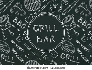 Grill Bar. Seamless Pattern of Summer BBQ Grill Party. Beer, Steak, Sausage, Barbeque Grid, Tongs, Fork, Fire. Black Board Background and Chalk. Hand Drawn Vector Illustration. Doodle Style.