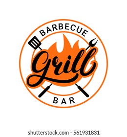Grill barbecue bar hand written lettering logo, label, badge or emblem with fire. Isolated on white background. Vector illustration.