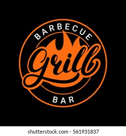 Grill barbecue bar hand written lettering logo, label, badge or emblem with fire. Isolated on black background. Vector illustration.