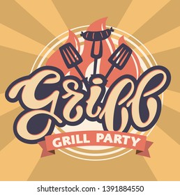 Grill Barbecue BBQ - cute retro lettering label art banner poster - hand drawn doodle label