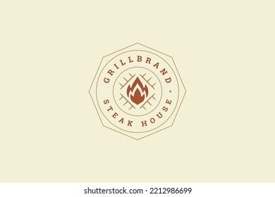 Grill barbecue bistro cafe circle geometric vintage logo design template vector illustration. BBQ meat steak sausage cooking on burning flame gourmet delicious restaurant shop minimalist emblem