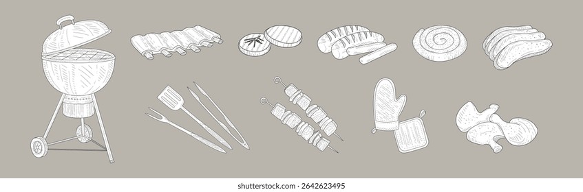 Grill and Barbecue Cookout Element and Object Vector Set