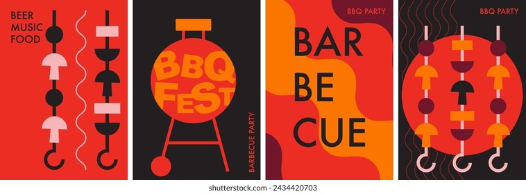 Diseño de barbacoa a la parrilla. Invitación de fiesta de barbacoa para picnic al aire libre de verano. Estilo simple, geométrico y moderno. Fondo del picnic de la barbacoa para la cubierta, cartel, anuncios, celebración. Colores rojo, naranja, negro