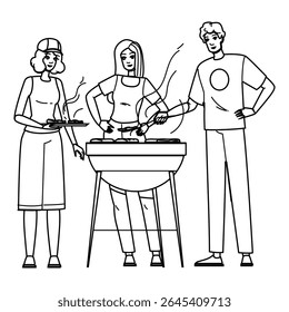 grill barbecue with friends vector. party fun, happy young, garden nature grill barbecue with friends character. people black line pencil drawing illustration
