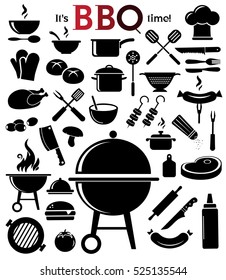 Grill, Barbecue Icon Set On Bright, Neutral Background. Vector Art.