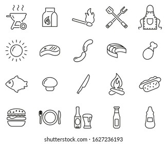 Grill Or Barbecue Icons Black & White Thin Line Set Big