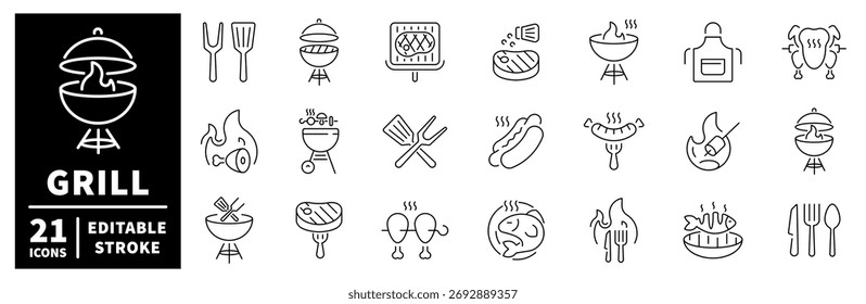 Conjunto de iconos de parrilla y barbacoa. iconos de línea editables, contorno, símbolos de cocina