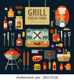 Grill, Barbecue Icons. Set Of Elements - Chef, Kitchen Tools, Suitcase, Ketchup, Charcoal, Bottle Of Wine, Apron, Sausage, BBQ, Skewer, Skewers, Knife, Meat, Sauce, Picnic Basket, Bread