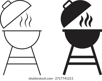 Iconos de barbacoa de parrilla en estilos planos y de contorno. Símbolos de barbacoa de cocina al aire libre colección, silueta de parrilla de fuego de carbón y equipo de cocina de camping Vectores negros aislados sobre fondo transparente.
