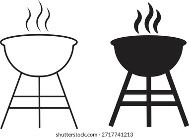 Iconos de barbacoa de parrilla en estilos planos y de contorno. Símbolos de barbacoa de cocina al aire libre colección, silueta de parrilla de fuego de carbón y equipo de cocina de camping Vectores negros aislados sobre fondo transparente.