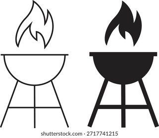 Iconos de barbacoa de parrilla en estilos planos y de contorno. Símbolos de barbacoa de cocina al aire libre colección, silueta de parrilla de fuego de carbón y equipo de cocina de camping Vectores negros aislados sobre fondo transparente.