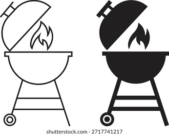 Iconos de barbacoa de parrilla en estilos planos y de contorno. Símbolos de barbacoa de cocina al aire libre colección, silueta de parrilla de fuego de carbón y equipo de cocina de camping Vectores negros aislados sobre fondo transparente.