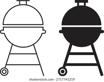 Iconos de barbacoa de parrilla en estilos planos y de contorno. Símbolos de barbacoa de cocina al aire libre colección, silueta de parrilla de fuego de carbón y equipo de cocina de camping Vectores negros aislados sobre fondo transparente.