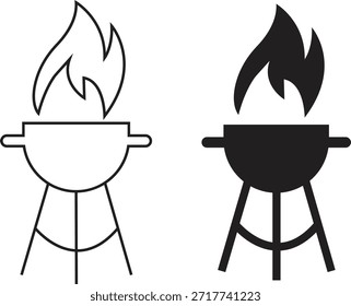 Iconos de barbacoa de parrilla en estilos planos y de contorno. Símbolos de barbacoa de cocina al aire libre colección, silueta de parrilla de fuego de carbón y equipo de cocina de camping Vectores negros aislados sobre fondo transparente.