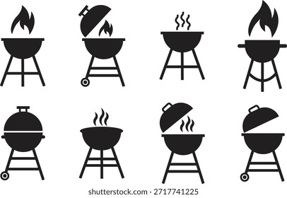 Iconos de la barbacoa de la parrilla fijados en estilos planos. Símbolos de barbacoa de cocina al aire libre colección, silueta de parrilla de fuego de carbón y equipo de cocina de camping paquete de Vectores negros aislados sobre fondo transparente.