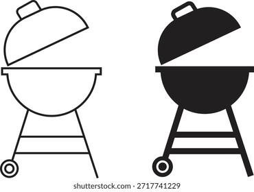 Iconos de barbacoa de parrilla en estilos planos y de contorno. Símbolos de barbacoa de cocina al aire libre colección, silueta de parrilla de fuego de carbón y equipo de cocina de camping Vectores negros aislados sobre fondo transparente.