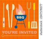 Grill barbecue illustration. BBQ party invitation for outdoor picnic. Grilling utensils, thermometer, tongs, spatula, fork and skewer for barbecue food cooking. Simple, geometric, modern style.