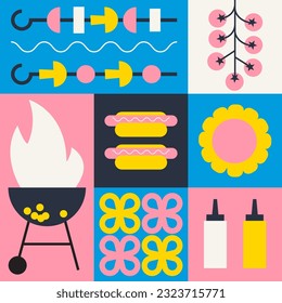 Grill barbecue illustration. BBQ party invitation for summer outdoor picnic. Simple, geometric, modern style. BBQ picnic background for cover, poster, animation.