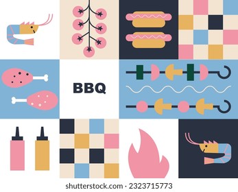 Ilustración de parrilladas. Invitación a fiestas barbacoa para picnic de verano al aire libre. Sencillo, geométrico y moderno. Pancarta de picnic para barbacoa.