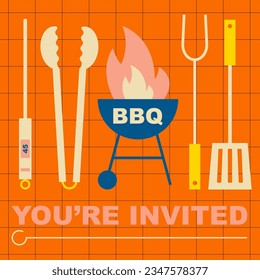 Grill barbecue illustration. BBQ party invitation for outdoor picnic. Grilling utensils, thermometer, tongs, spatula, fork and skewer for barbecue food cooking. Simple, geometric, modern style.