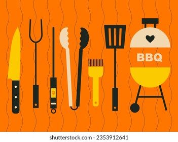 Grill barbecue kit. BBQ tool set grill accessories. Grilling utensils, knife, thermometer, tongs, brush, spatula, fork for barbecue food cooking. Flat, geometric, modern style.