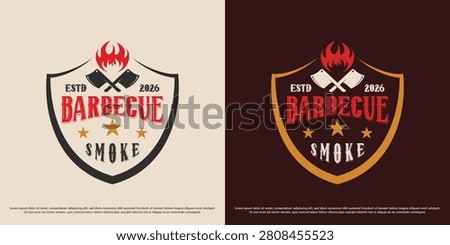 Grill barbecue logo design illustration vector. Butcher fire badge silhouette. Barbeque old aged stamp rustic symbol icon.