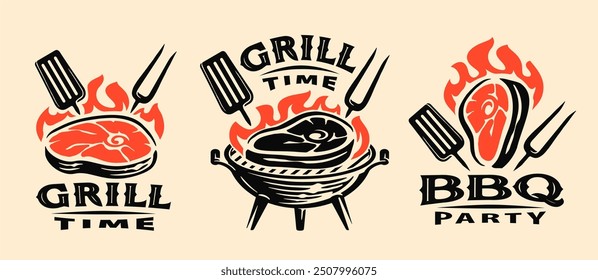 Grill barbecue logo. Grilled food and bbq restaurant emblem, badge set. Vector illustration