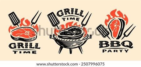 Grill barbecue logo. Grilled food and bbq restaurant emblem, badge set. Vector illustration