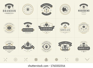 Grill and barbecue logos set vector illustration steak house or restaurant menu badges with bbq food silhouettes. Modern vintage typography labels and emblems design.
