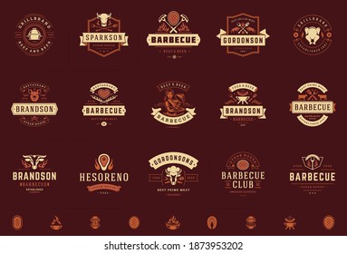 Grill and barbecue logos set vector illustration steak house or restaurant menu badges with bbq food silhouettes. Modern vintage typography labels and emblems design.